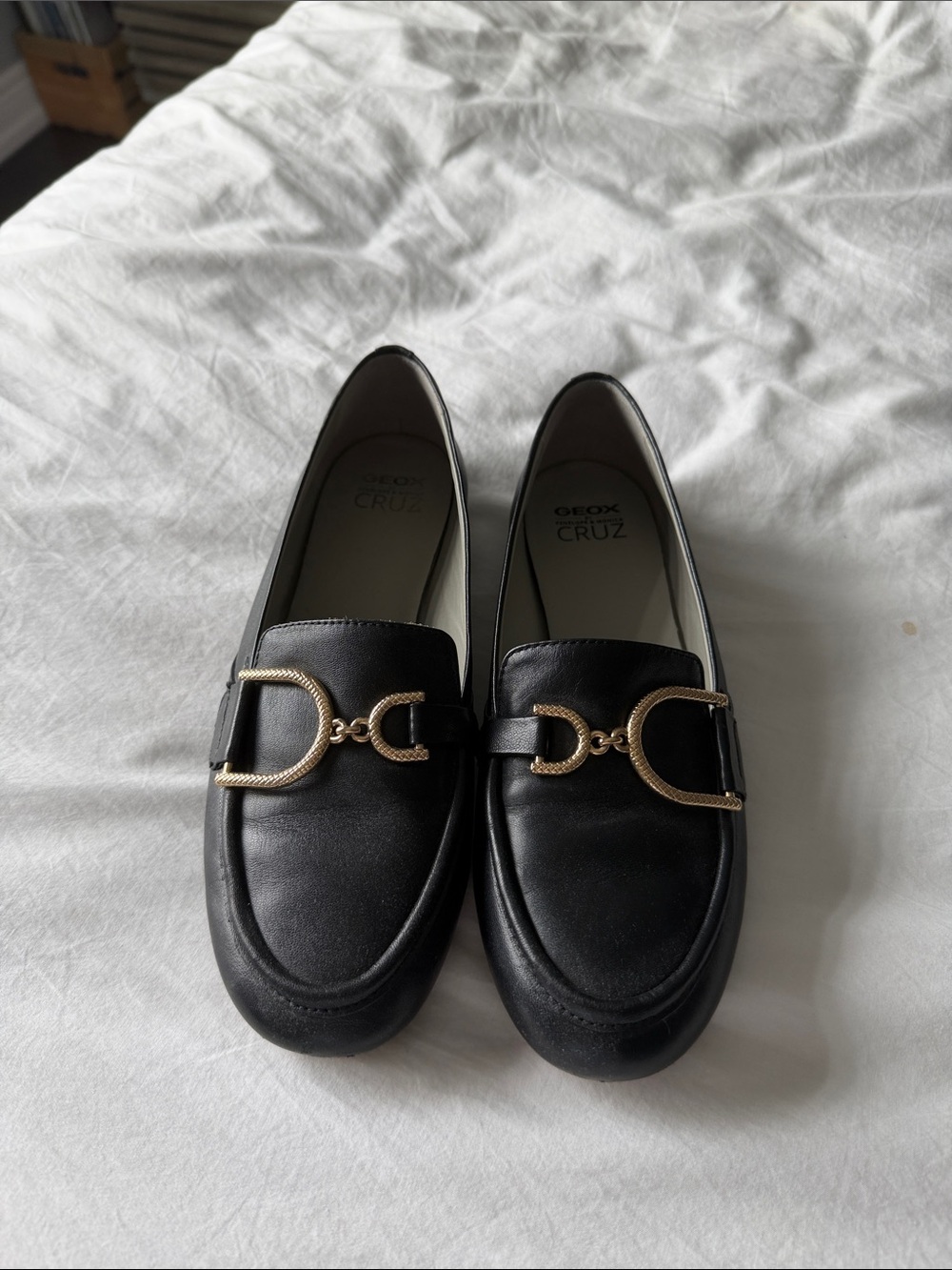 Geox Black Leather Loafers with Gold Accent Hardware